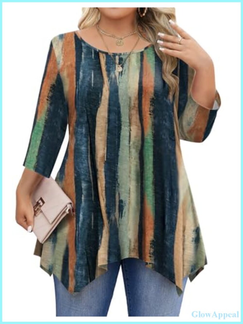 Plus Size Tunic Top 3/4 Sleeve Round Neck Flowy Casual Blouse
